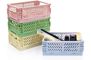 Xhwykzz 4 Pack Mini Pastel Crates for Storage, Mini Plastic Folding Baskets, Cute Colorful Organizing Crates for Bedroom Offi