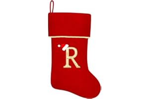 Subyan 20 Inches Initial Monogram Red Christmas Stocking, Personalized Large Embroidered Letter Velvet Christmas Stocking with Gold Trim Decoration for Family Christmas Holiday Party Decor(Letter R)