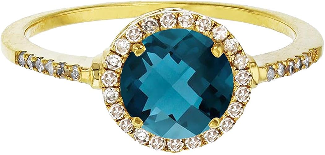 Amazon 14 K黄色ゴールド7 Mmラウンドジェムストーン 0 18カラットダイヤモンドハローリング ブルー リング 通販