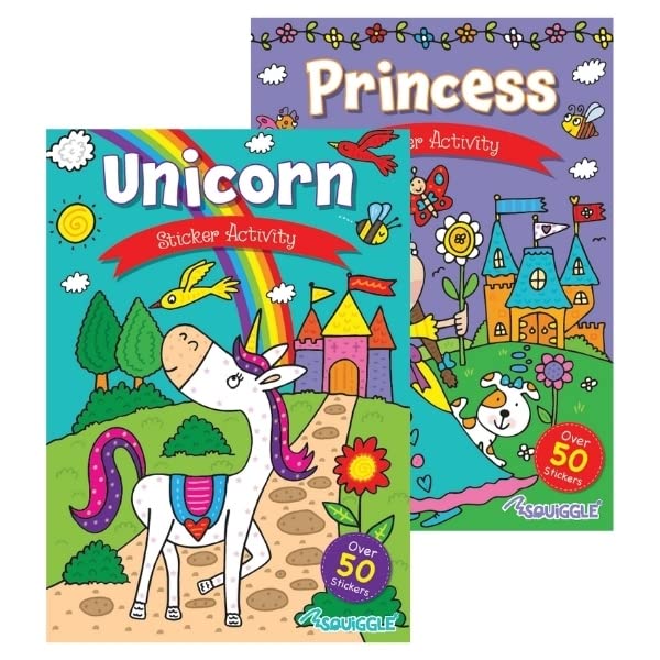 Squiggle A4 Unicorn & Princess Activity & Colouring Books - Set of 2 with 200 Stickers for Kids