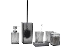 BTHENOV Bathroom Accessory Set - 6 PCS Grey Bathroom Accessories Sets Complete with Soap Dispenser, Toothbrush Holder & Cup, Soap Dish, Toilet Brush & Holder, Qtip Holder, Clear Bathroom Accessory Decor Set