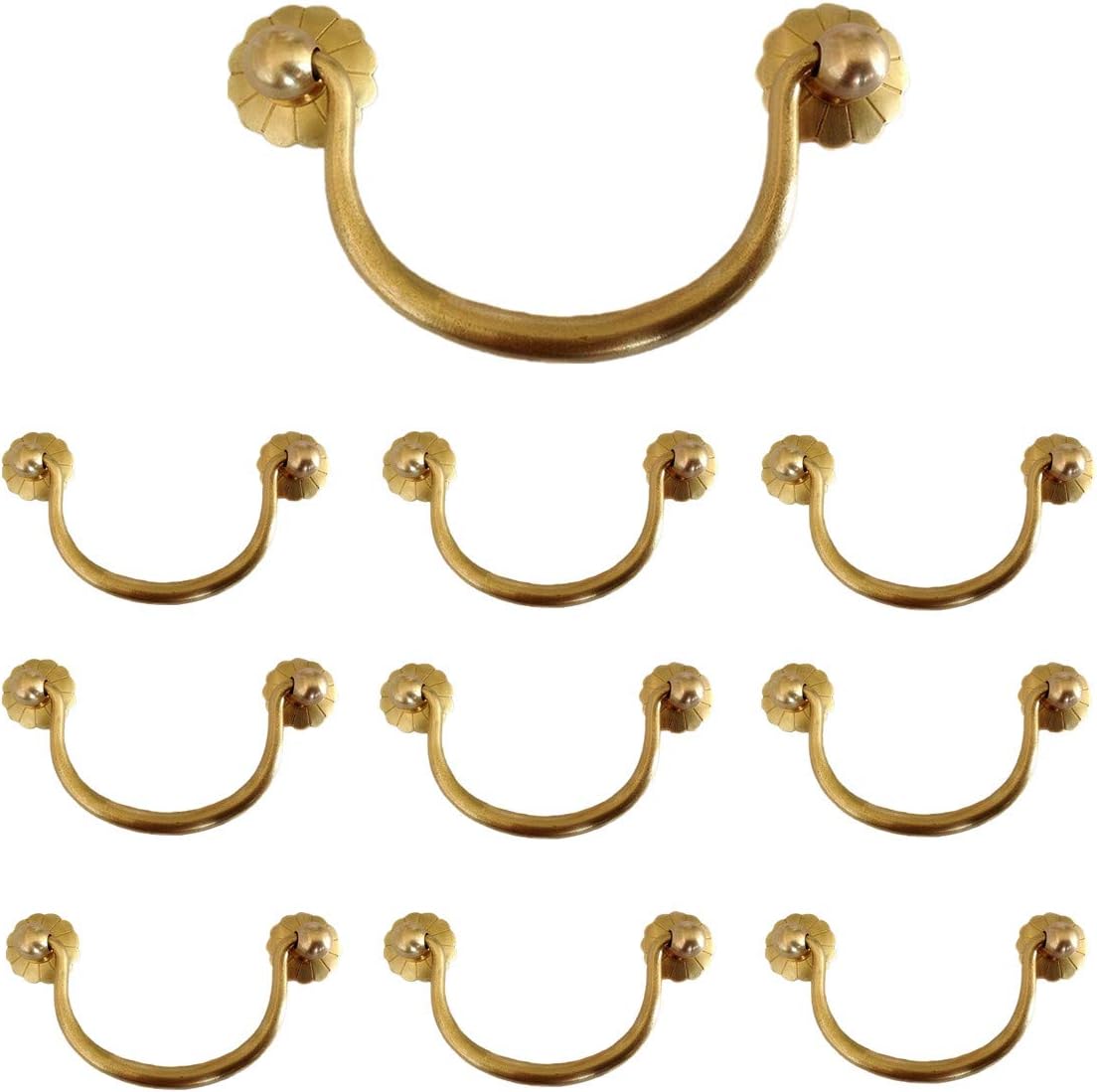 Txinmin 10 Pack Traditional Bail Cabinet Hardware Handle Pull Antique Brass Drawer Pull, 3-11/20 Inch Hole Centers (90mm), Gold Brass Tone