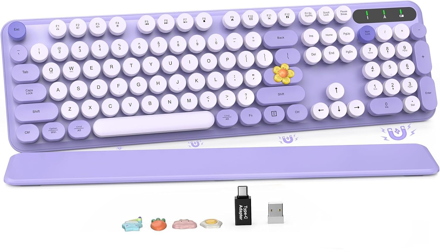 Photo 1 of Wireless Keyboard, Round Keycaps, Retro Typewriter Keyboard with Detachable Wrist Rest, Sleep Mode, Foldable Legs, 2.4GHz Full-size Cordless Computer Keyboard for Windows/PC/Laptop (Colorful-Purple)