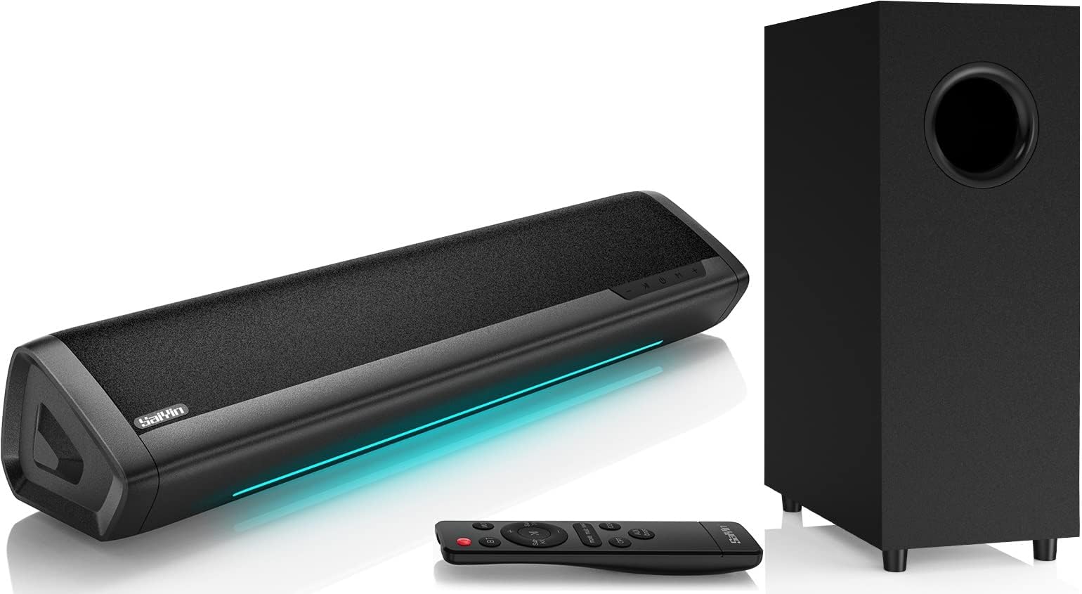Photo 1 of Saiyin Sound Bar for Smart TV with Subwoofer, 2.1 Deep Bass 100W Soundbar TV Speaker Home Theater Surround System PC Gaming Bluetooth/AUX/Optical Connection, Wall Mountable 17-inch