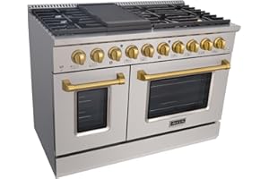 Akicon 48 Inch Freestanding Gas Range - 6.7 cu. ft. Double Rapid Convection Gas Oven - Gas Stove with 8 Sealed Burners & a Griddle, Heavy Duty Cast Iron Grates (Stainless Steel & Gold)