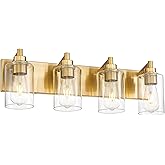 METWET 4-Light Bathroom Light Fixtures, Brushed Gold Vanity Light with Cylinder Clear Glass Shade, Modern Vanity Lighting Fix