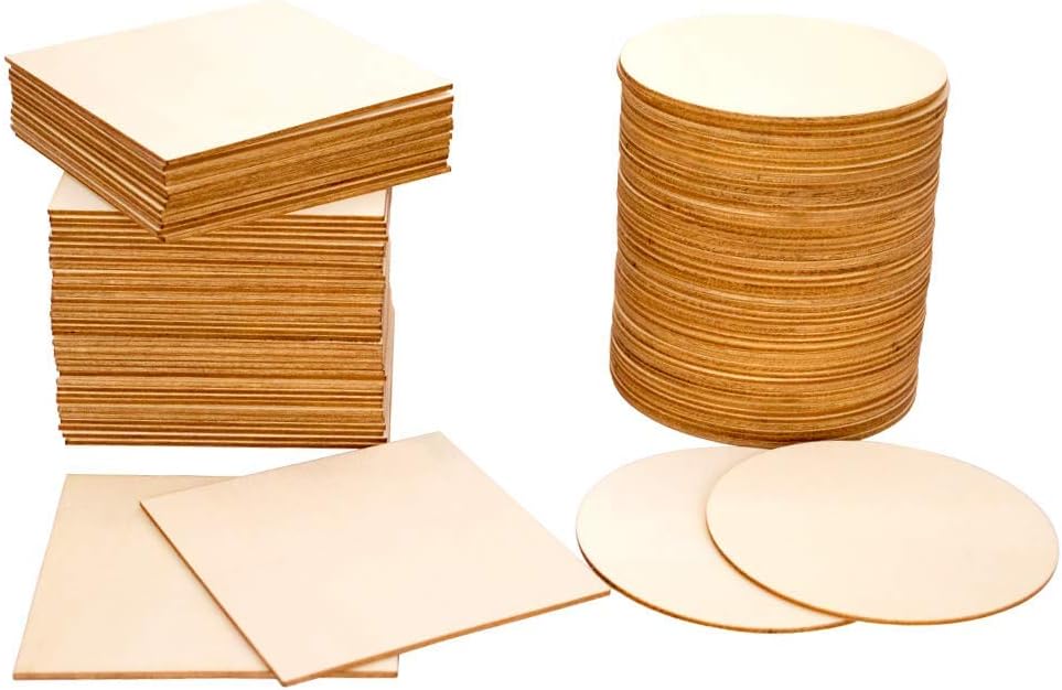 Wood Slices 100 Pcs of Unfinished Wood Chips 4x4 inch Blank Wood Chips for Handicrafts Home Decoration Wooden Coasters and DIY Crafts 50 Pcs Wood Squares and 50 Pcs Wood Circles