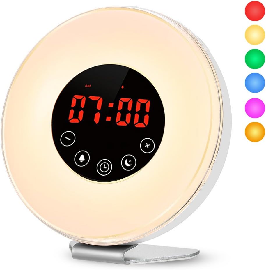 WEIHAO Alarm Clock, Wake Up Light with Sunrise Sunset Simulator 7 Changeable Colors Bedside Lamp Touch Control LED Display Night Light With FM Radio 6 Nature Sounds and Snooze Function