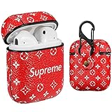 Gift-Hero Compatible with Airpods 1/2 Case,Cute 3D Luxury Leather Shockproof Cover Designer Skin Keychain,Cool Fun Funny Fashion Design Stylish Case for Girls Women Ladies Teens Air pods(Red Supre)