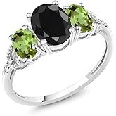 Gem Stone King 10K White Gold Oval Black Sapphire Green Peridot and Diamond Accent 3-Stone Engagement Ring For Women (2.71 Cttw, Gemstone Birthstone)