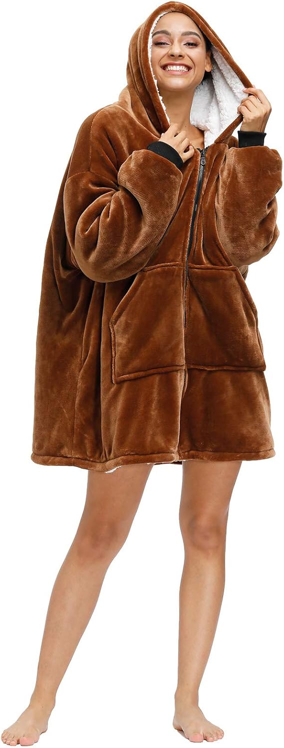 Anccion Sherpa Zip Blanket Hoodie with Long Sleeves, Hood