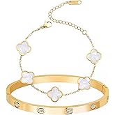 Niarezom 18K Gold Plated Four Leaf Clover Bracelet Bangle Set for Women Stack Bracelets Bangle for Love Trendy Jewelry Gifts for Women