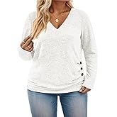 ROSRISS Plus-Size-Tops for Women Casual Long Sleeve Shirts Loose Fit V Neck Button Blouses Dressy Pullover Tunics XL-5XL