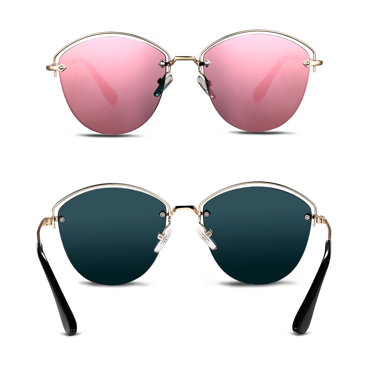 Semi Rimless Polarized Sunglasses Women Copper Frame Oval Shape Mirrored Lens (Pink, 55)