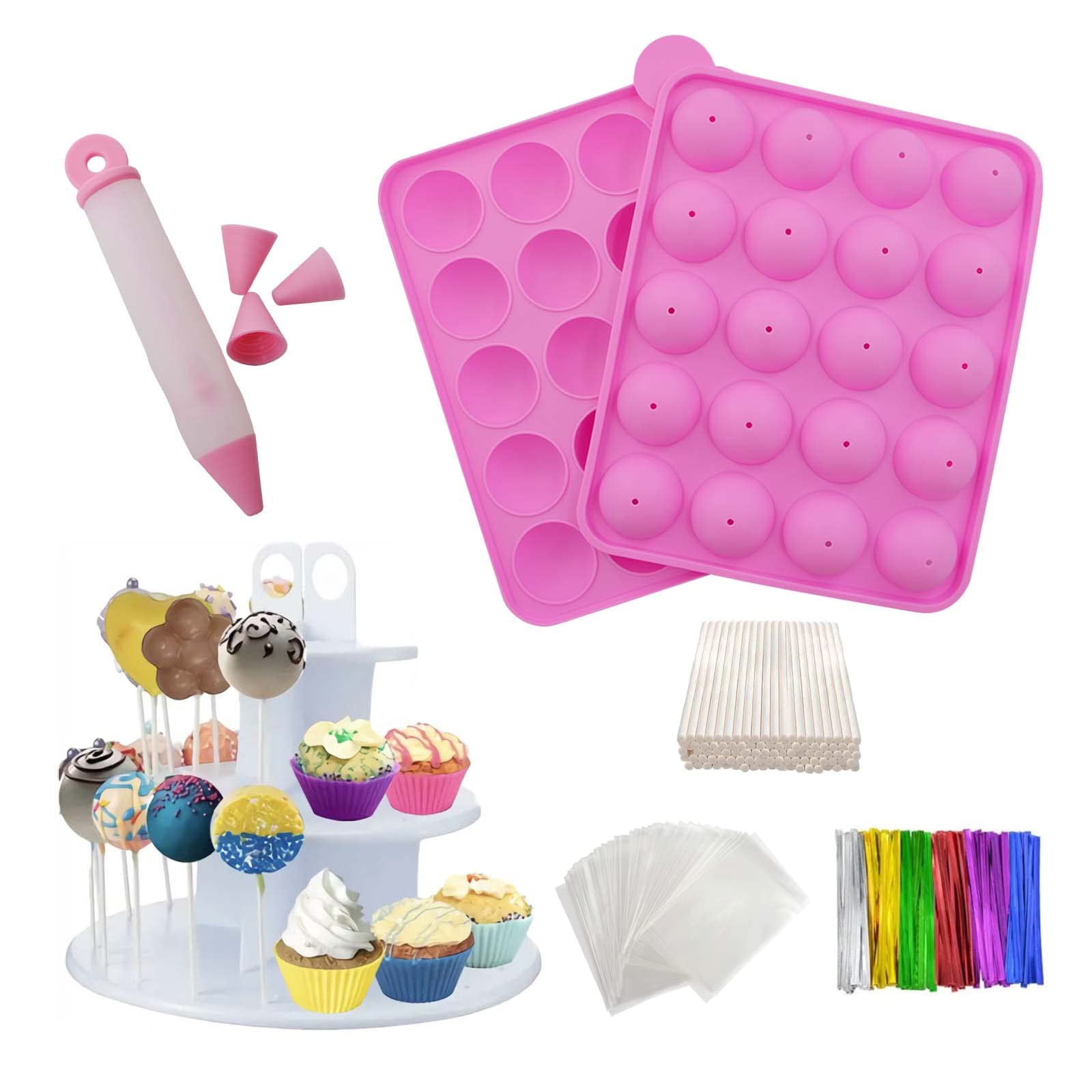 Rigrer BPA Free Silicone Cake Pop Mould with 100 Cake pop Sticks+100 Treat Bags+ 100 Twist Ties in Mix Colors, Great for Hard Candy, Lollipop,Cake Pop and Party Cupcake