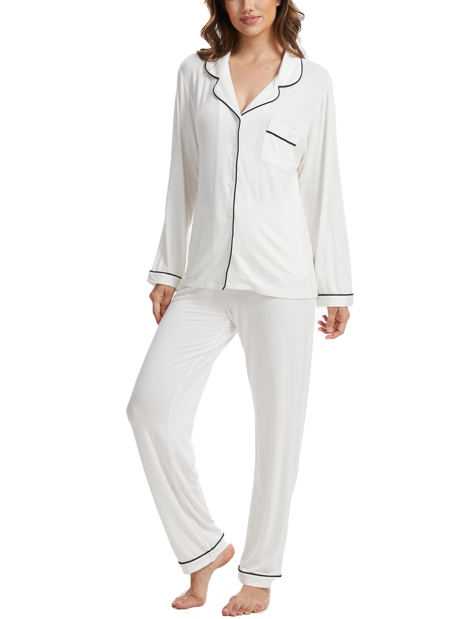 Yoolfine Button Up Pajamas for Women, Long Sleeve Sleepwear Soft Loungewear Ladies Pjs Set, White, X-Large