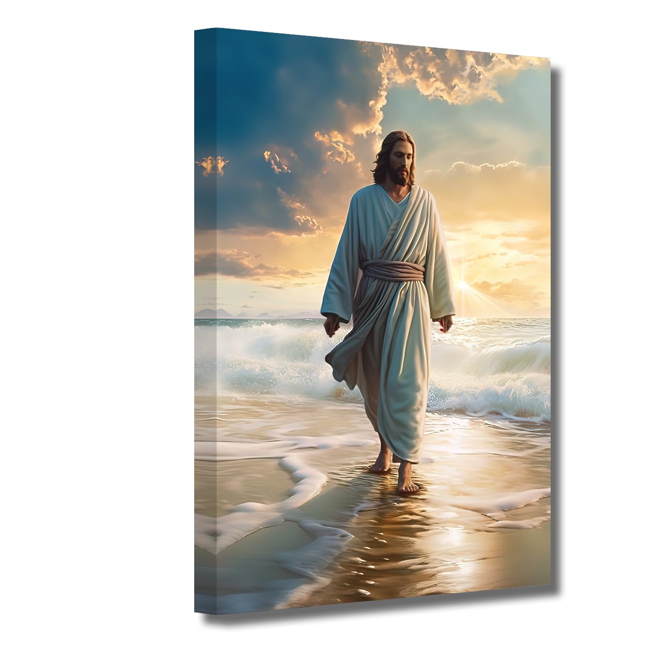 LZIMU Jesus Canvas Wall Art Jesus Walking on the Beach Picture Prints God Posters Catholic Artwork for Spiritual Room Bedroom Home Decor Framed (Jesus-3, 16.00"x24.00")
