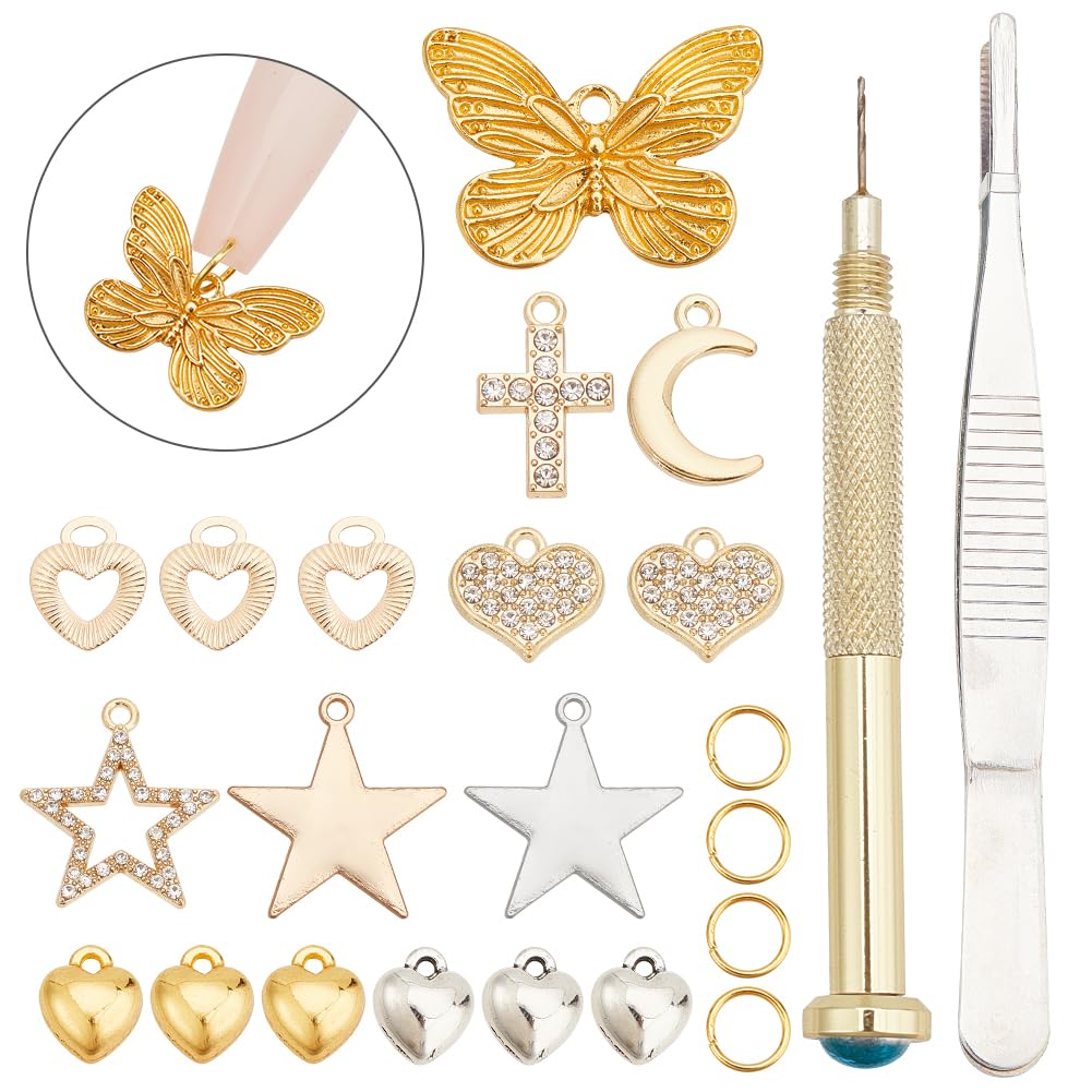 DELORIGIN 153pcs Star Dangle Nail Art Charms Sets Cross Moon Heart Pendant Nail Jewelry Rings with Nail Piercing Tool Hand Bore Gels Decorations for Women DIY Nail Design Tips Craft Jewelry Making