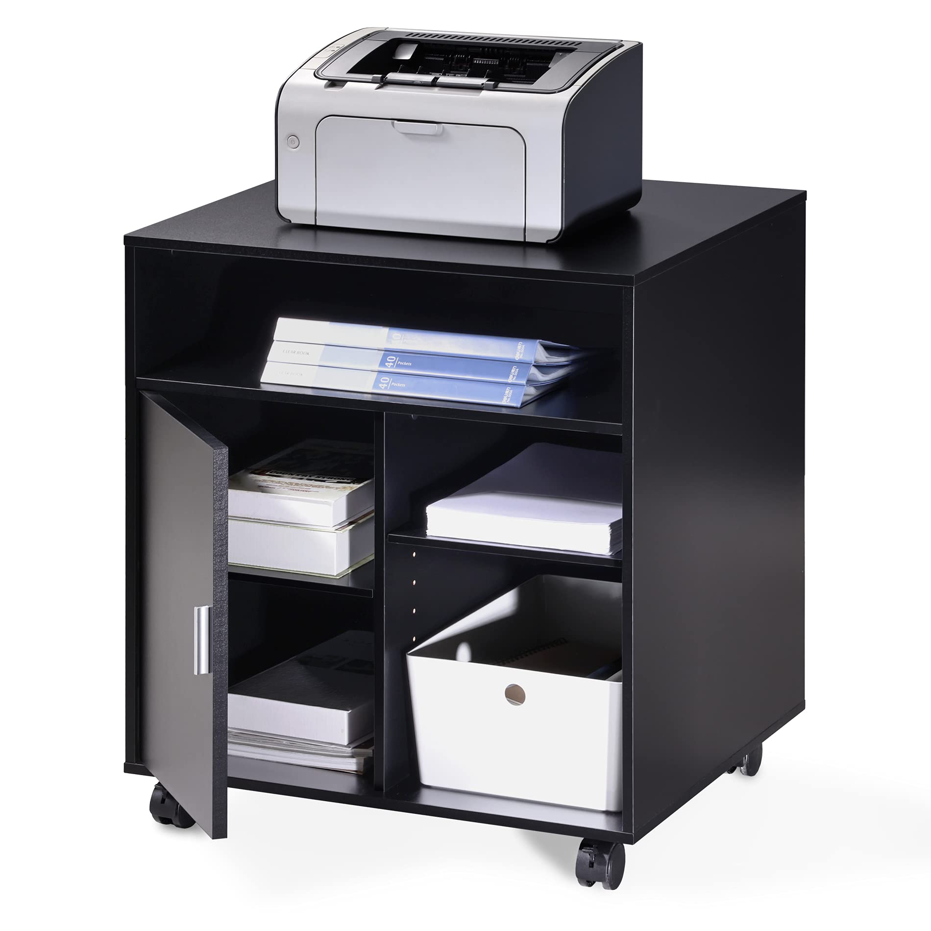 FITUEYES Printer Stand with Wheels, Black Wood Printer Table under Desk Storage, Desk Side Mobile Filling Cabinet 3 Open 2 Closed Storage for Home Office 60x50x66.4cm PS406001WB
