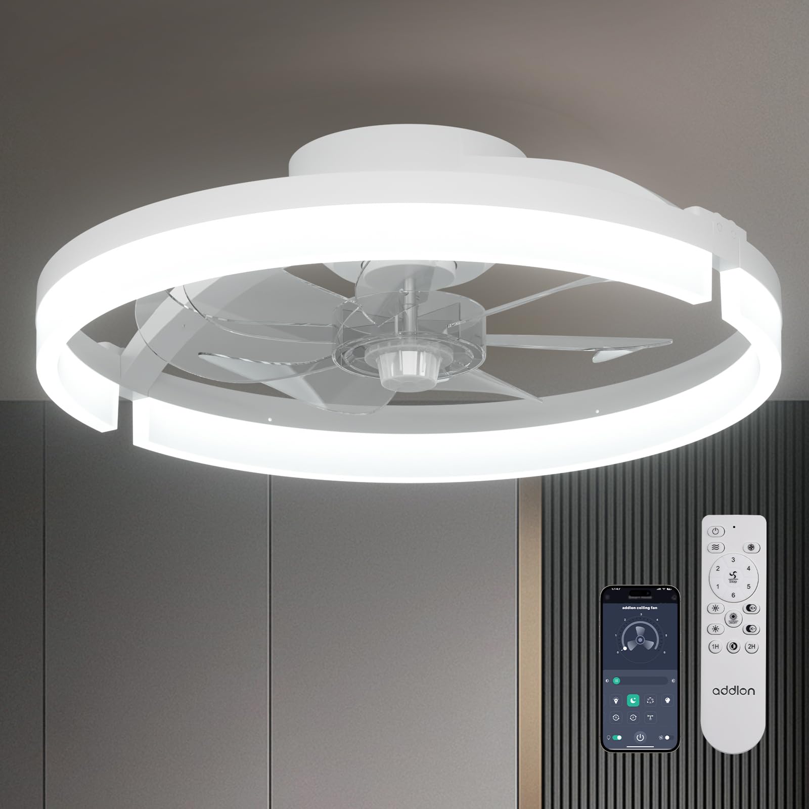 addlon Ceiling Fans with Lights and Remote, 18'' Low Profile Ceiling Fans, 3000-6000K Dimmable Modern Flush Mount LED Fan Light, Fandelier Ceiling Fan for Bedroom, Kitchen, Living Room, White Image