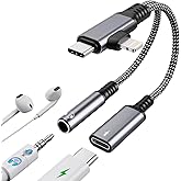 Lightning and USB C to 3.5mm Headphone Jack and USB C Charger Adapter Dongle, 2-in-2 90 Degree Lightning Audio Splitter, Micr