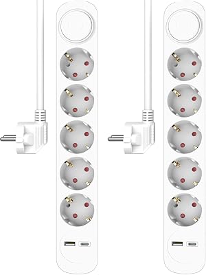 2-Pack ELRO ES305 5-Fach Steckdosenleiste mit 1.5 m Kabel und Schalter – 5 x Steckdose + USB + USB-C – Kindersicherung – Schuko-Stecker – max. 3680 W – TÜV-geprüft