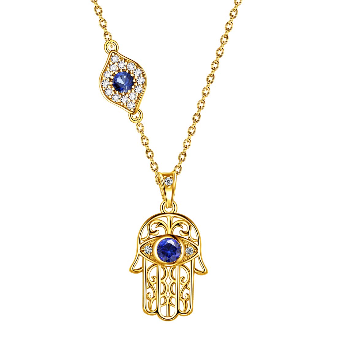 Aurora Tears Hamsa Fatima Hand Necklace 925 Sterling Sliver Evil Eye Pendant Gold Plated with Blue Sapphire Dating Gifts for Women DP0125Y