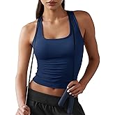 Fisoew Womens Square Neck Sleeveless Tank Top Built-in Bra Racerback Tank Fitted Y2K Basic Workout Crop Tops