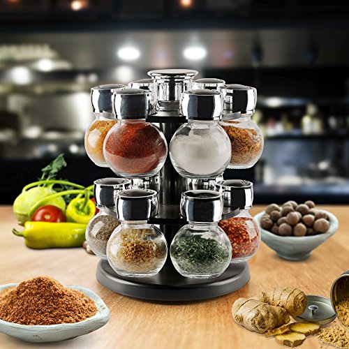 Rotating Herbs and Spices Rack with 12 Pieces 3.5 Ounces Round Glass Airtight Mason Jars - 2 Tiered Revolving Countertop Carousel Seasoning Storage Organizer - Thumbnail 3