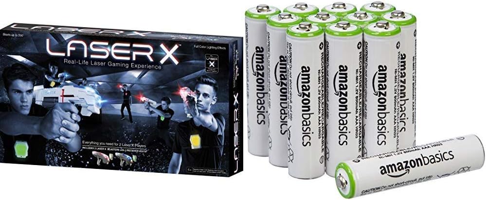 Laser X 88016 Two Player Laser Gaming Set & AmazonBasics AAA Pre-Charged Rechargeable Batteries 800 mAh [Pack of 12] (Packaging may vary)