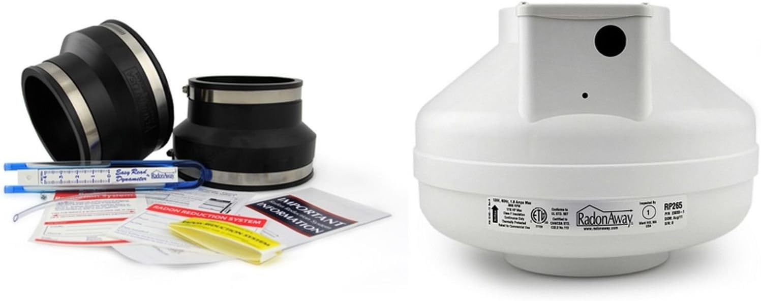 RadonAway RP265 Fan + Install Kit (Rubber couplings, dynameter and labels) (Black, 4x6)