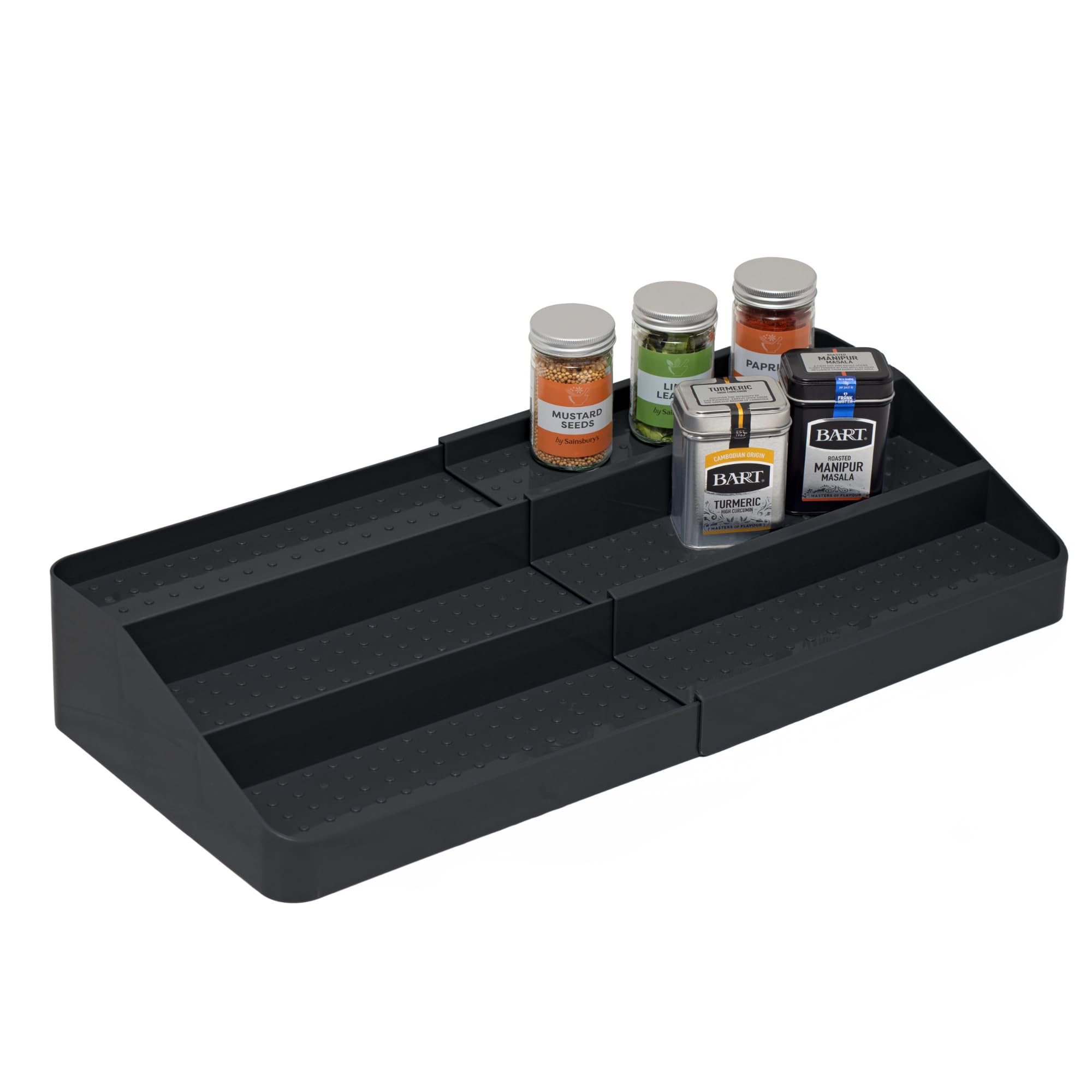 simplywire – Expandable 3 Tier Spice Rack – Kitchen Cupboard Organizer – Black Plastic Shelves