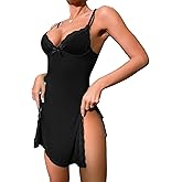 DITSONEO Womens Sexy Night Gowns Lace Trim Split Side Lingerie V Neck Sleep Dress Chemise Spaghetti Strap Nightwear