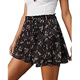 Aoudery Flowy Shorts for Women Casual Boho Floral Skorts Ruffle Mini Skirts Running Tennis Butterfly Chiffon Shorts