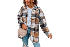 ELIY BASIC Women's 2023 Casual Plaid Shacket Long Sleeve Button Down Lapel Pocketed Jacket Shacket Coat