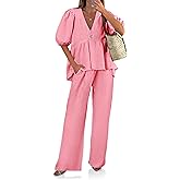 Tankaneo Womens 2 Piece Linen Sets Summer Vacation Outfits V Neck Puff Sleeve Babydoll Tops Wide Leg Pants Matching Sets
