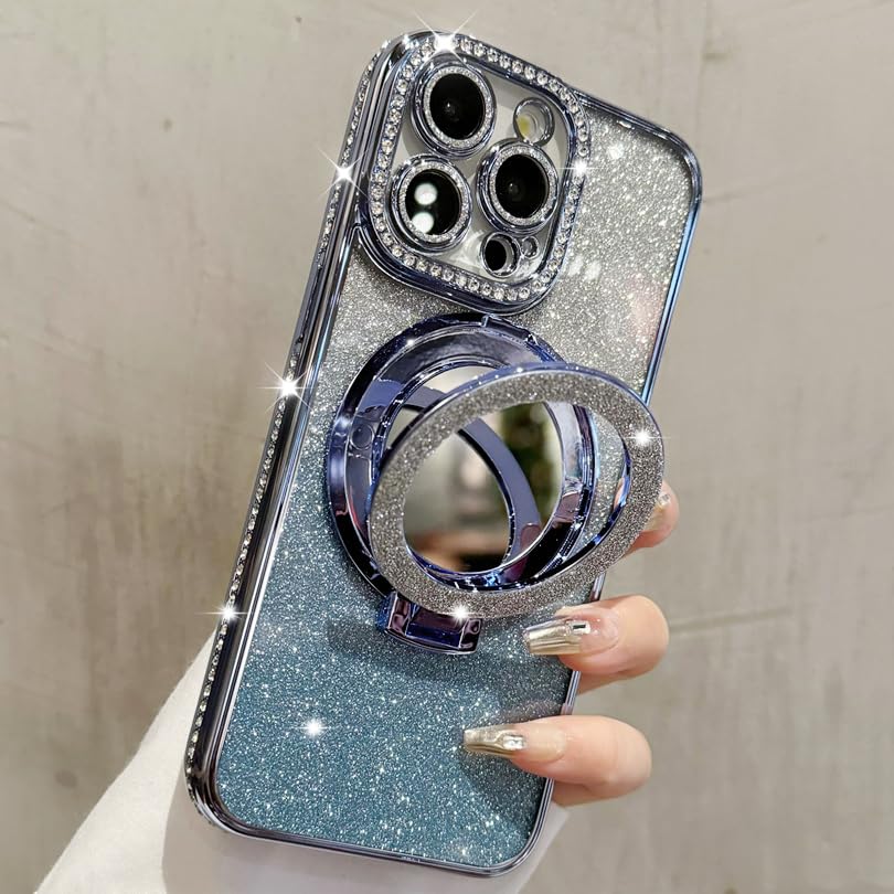 Photo 1 of ZXDK Mirror Kickstand Glitter Diamond Case for iPhone 15 14 13 12 Pro Max,Magnetic Stand Holder,Camera Lens Protector Compatible with Magsafe, Rhinesetone Bing Cover Case (Blue,for iPhone 16 Pro Max)