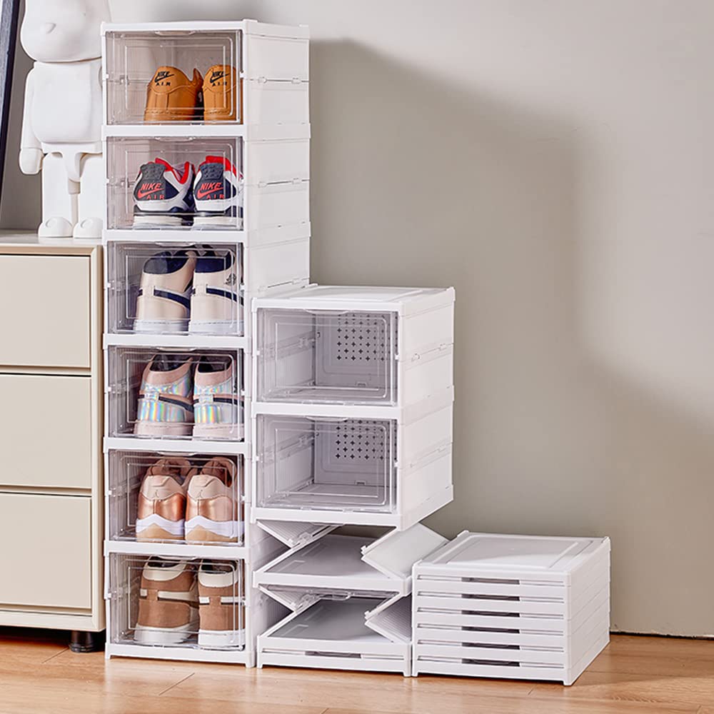 Photo 1 of NATGIFT Shoe Rack Shoe Storage Box Bins Clear Collapsible Plastic Installation-Free Size up to 14, Stackable Foldable Tote with Lids Organizing Dustproof 6-Tiers
