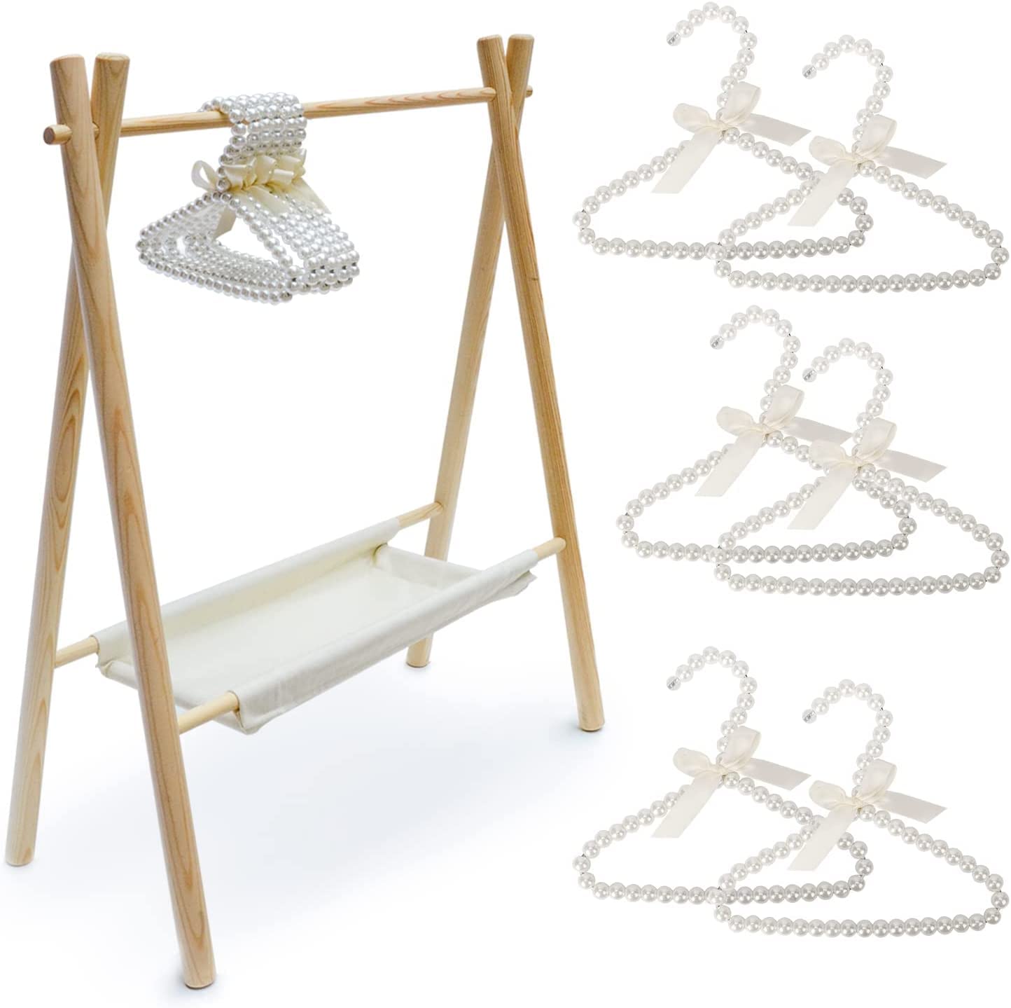 aleawol Dog Clothes Rack with 6pcs Pearl Hangers, Wooden Pet Baby Kids Clothing Racks Dress Up Dolls Storage Hanging Rail Garment (Cream Color)