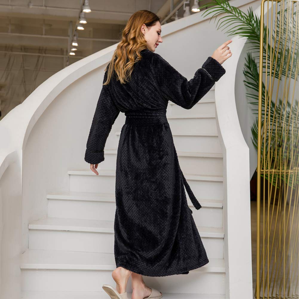 Womens Long Thick Fleece Robe Warm Waist Belt Plush Black Bathrobe(Black,S/M)