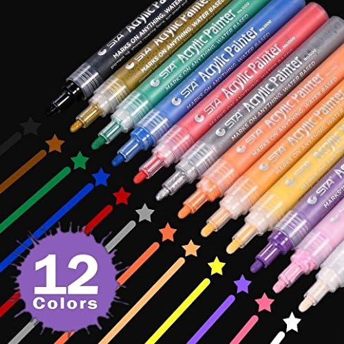 Acrylic Paint Markers Pens Medium Point Tip Art Permanent Markers for Rock Painting, Crafts Projects, Canvas, Kid Arts Project, Wood, Gift Card Making, Metal, Set of 12 Colors