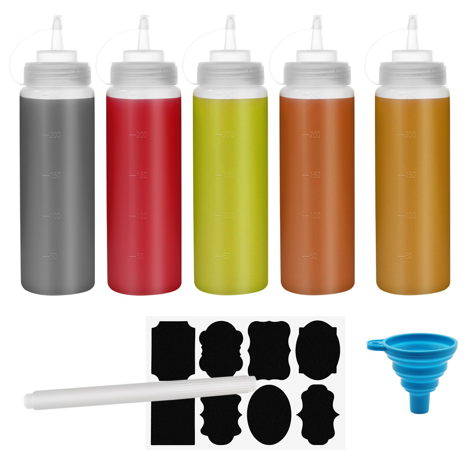 Chetexus 12oz Squeeze Bottle, 5 Pack 360ml Condiment Squeezy Sauce Bottles, Plastic Squeeze Dispensers with Measurements for Ketchup, BBQ, Sauces, Syrup, Dressings