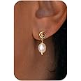 BSGRL Pearl Earrings-14K Gold Plated Dainty Pearl Huggie Hoop Earrings Drop Dangle Pearl Earrings for Women Bride Bridesmaid
