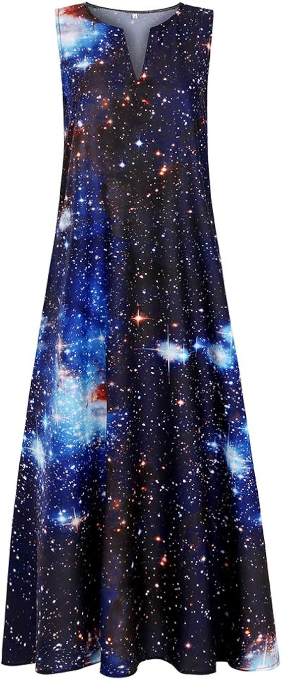 Amazon Fulision 女性の3 D星空ネクタイギャラクシースカイプリントホルターネックaラインドレスノースリーブロングドレス ワンピース チュニック 通販
