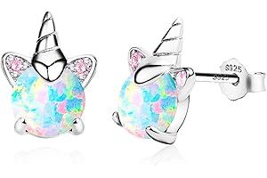 Unicorn Earrings for Girls, Hypoallergenic S925 Sterling Silver Earrings for Kids ARSKRO Small Tiny Cute Fire Opal Stud Earrings Jewelry Gifts for Sensitive Ears Little Toddlers Teen Girl