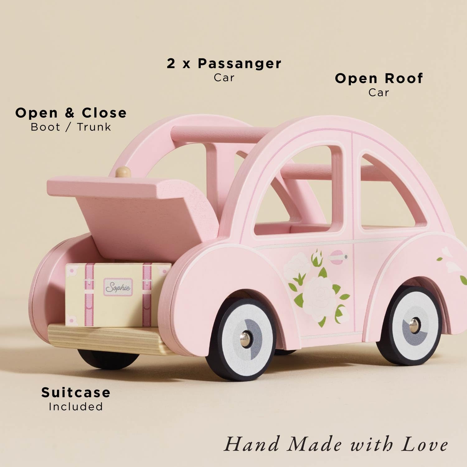 Le Toy Van - Wooden Daisylane Sophie's Car Accessories Play Set for Dolls Houses - Wooden Car Toy with Luggage Accessory - Dollhouse Accessories - Suitable for Ages 2+,Bright Pink, Medium