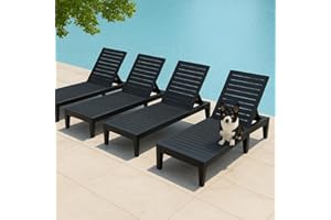 NBYSGO Outdoor Chaise Lounge Chairs Set of 4, 5-Position Adjustable Tanning Lounge Chairs with Wood Texture, All-Weather Resin Patio Lounge Chair for Pool, Garden, Deck, Beach, Striped Black