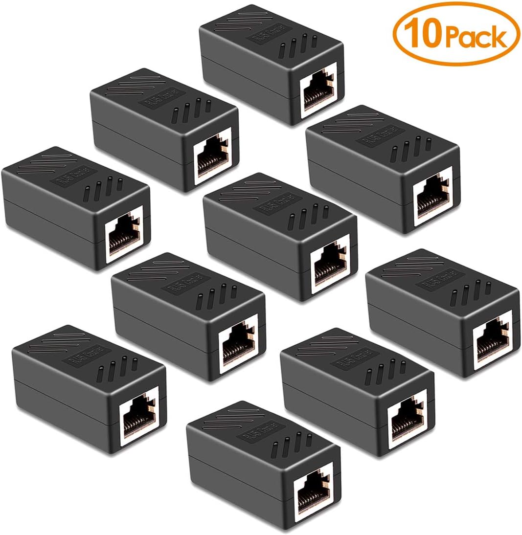 PLUSPOE RJ45 Coupler 10 Pack in Line Coupler Cat7 Cat6 Cat5e Ethernet Cable Extender Adapter Female to Female (Black)