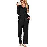 Kikibell Womens Pajamas Sets Button Down Lounge Set 2 Piece Sleepwear Loungewear Long Sleeve Pjs with Pocket Fall Outfits