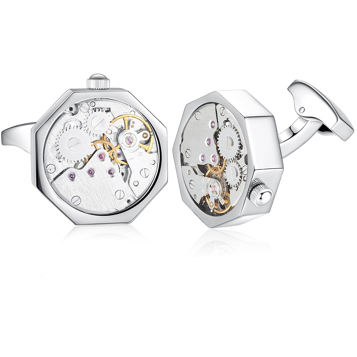 HONEY BEAR Watch Cufflinks for Mens - Octagon Working Movement Wedding Business with Box Silver
